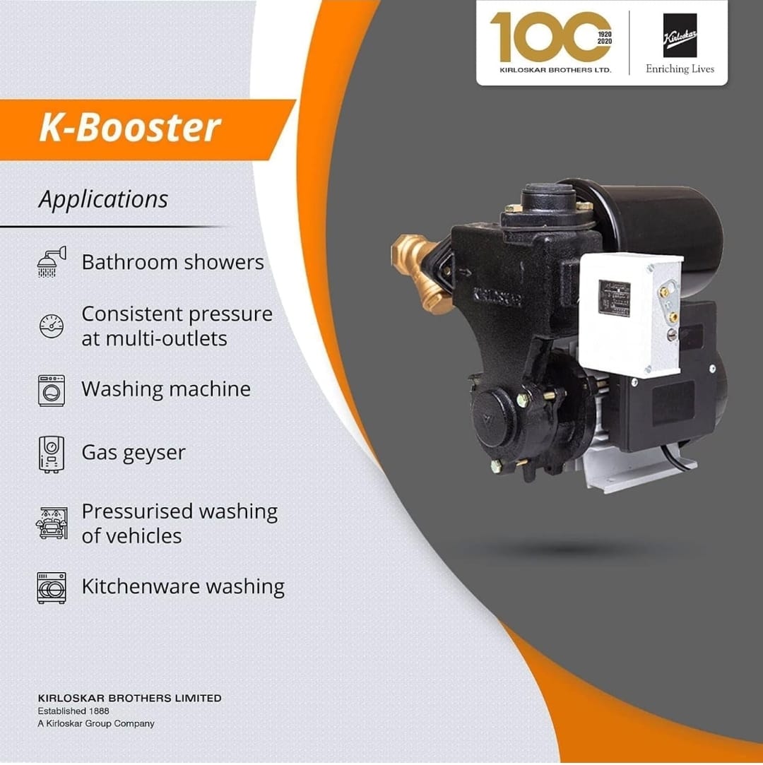 Kirloskar Brothers Water Pressure Booster Pump - K-BOOSTER 0.5 hp Single Phase (Suitable for 1 Bathroom) 25x25 mm max head range up to 22 meters used to maintain water pressure in bathrooms