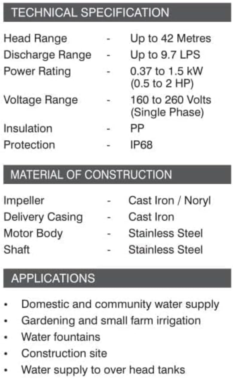 Kirloskar KOSi' SERIES 1.5HP/2 Pole Openwell 50 Hz Frequency 1.522 Suction and Delivery 50x40 Single Phase A.C. Power Submersible Pumps Ideal for Irrigation and Home