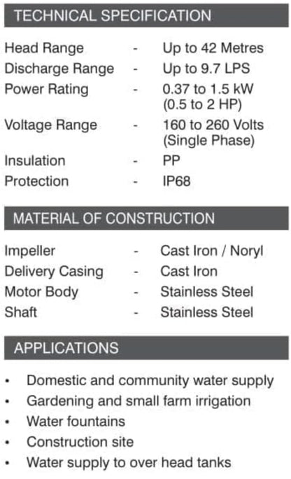Kirloskar KOSi' SERIES 1.5HP/2 Pole Openwell 50 Hz Frequency 1.522 Suction and Delivery 50x40 Single Phase A.C. Power Submersible Pumps Ideal for Irrigation and Home