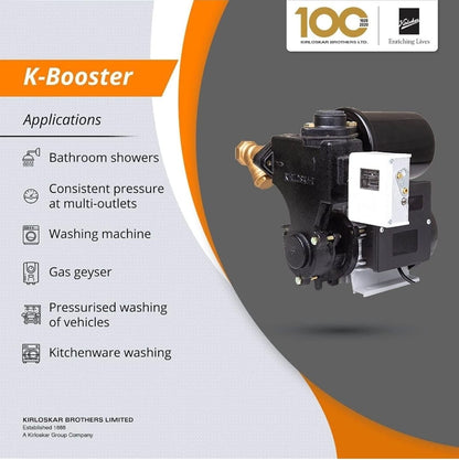 Kirloskar Brothers Water Pressure Booster Pump - K-BOOSTER 0.5 hp Single Phase (Suitable for 1 Bathroom) 25x25 mm max head range up to 22 meters used to maintain water pressure in bathrooms