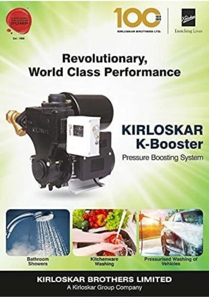 Kirloskar Brothers Water Pressure Booster Pump - K-BOOSTER 0.5 hp Single Phase (Suitable for 1 Bathroom) 25x25 mm max head range up to 22 meters used to maintain water pressure in bathrooms