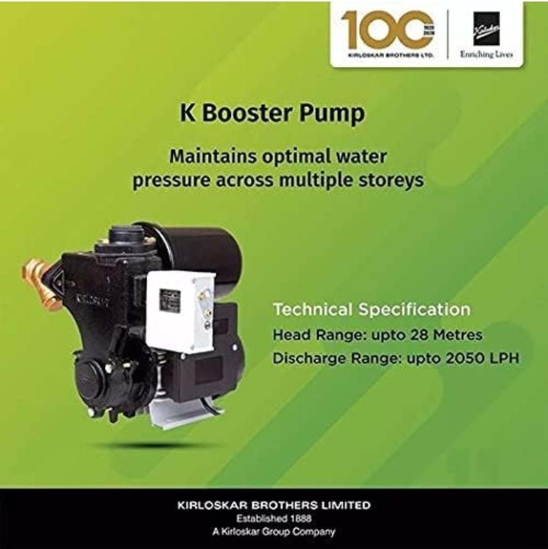 Kirloskar Brothers Water Pressure Booster Pump - K-BOOSTER 0.5 hp Single Phase (Suitable for 1 Bathroom) 25x25 mm max head range up to 22 meters used to maintain water pressure in bathrooms