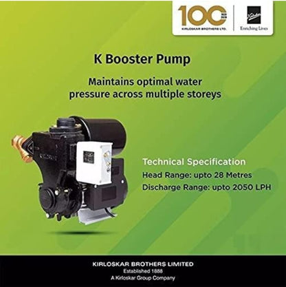 Kirloskar Brothers Water Pressure Booster Pump - K-BOOSTER 0.5 hp Single Phase (Suitable for 1 Bathroom) 25x25 mm max head range up to 22 meters used to maintain water pressure in bathrooms