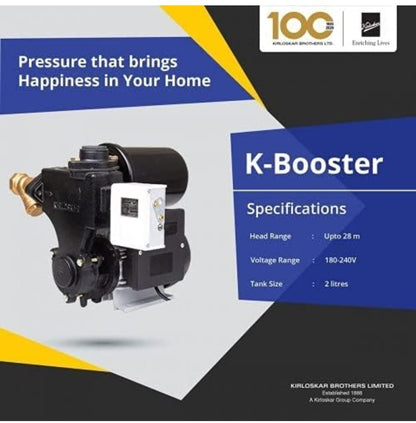 Kirloskar Brothers Water Pressure Booster Pump - K-BOOSTER 0.5 hp Single Phase (Suitable for 1 Bathroom) 25x25 mm max head range up to 22 meters used to maintain water pressure in bathrooms