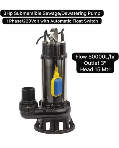 Submersible Sewage & Dewatering Pump 3 HP | Single Phase 220V | 2200W | 50000 LPH | 100% Copper Motor | 15m Head | 10m Cable | 3 Inch Outlet