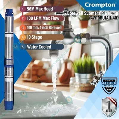 Crompton 1 HP 10 Stage 4 inch Water Filled 1Phase Borewell Submersible Pump With 1 Year Warranty (4W10BU1AU-40)